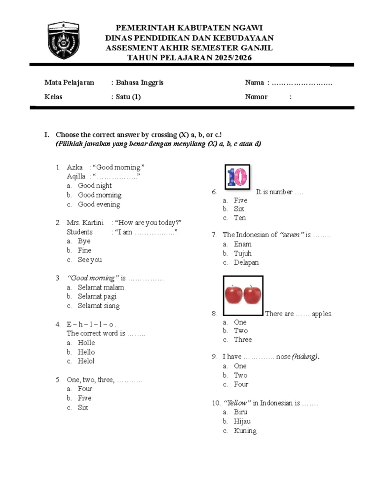 kumpulan soal bahasa inggris kelas 4 sd semester 1